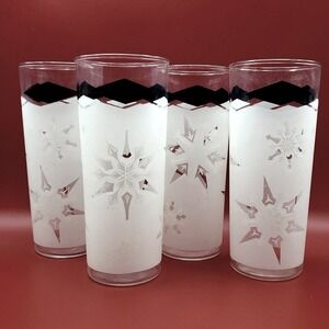 Anchor Hocking Frosted Snowflake Tall Glass Tumblers MCM Black White Diamond Bar
